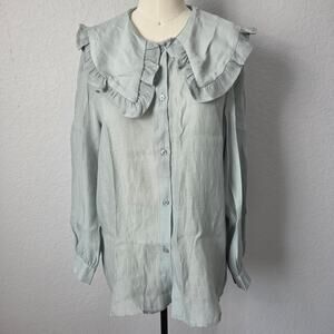 Airy Sage Tencel Blend Blouse - Romantic Ruffle Oversized Collar